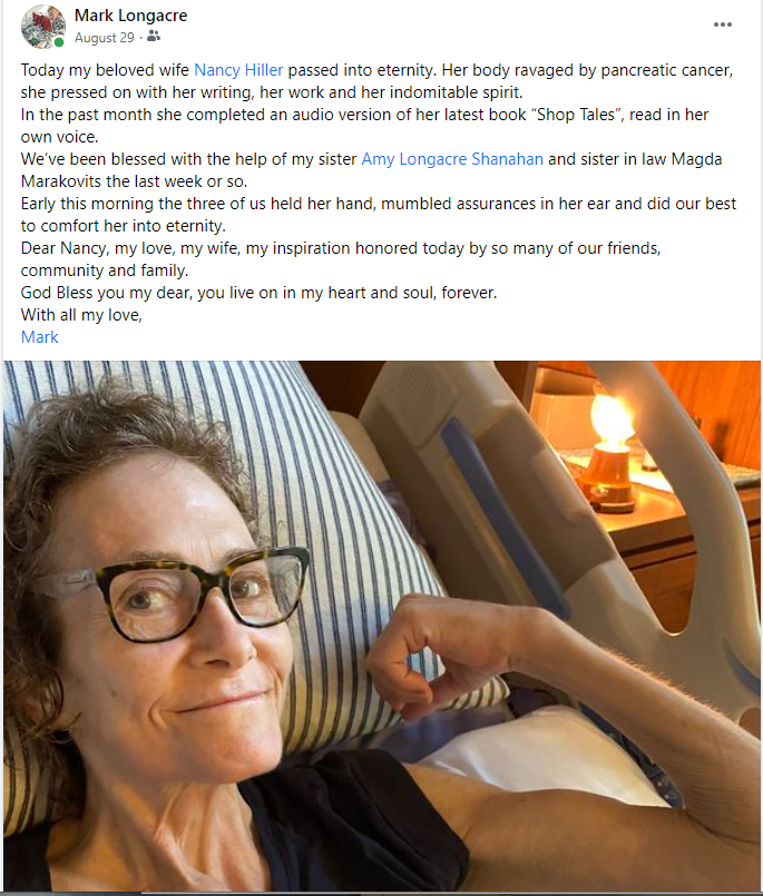Mark Longacre tribute to Nancy Hiller and photo of Nancy